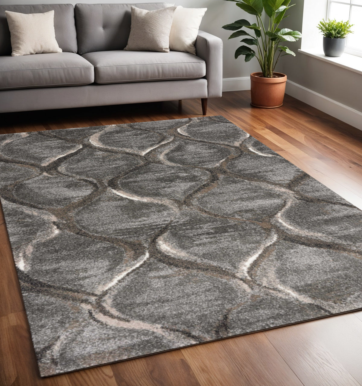 5' X 8' Charcoal And Light Gray Ogee Area Rug-Area Rugs-DECOROLALA