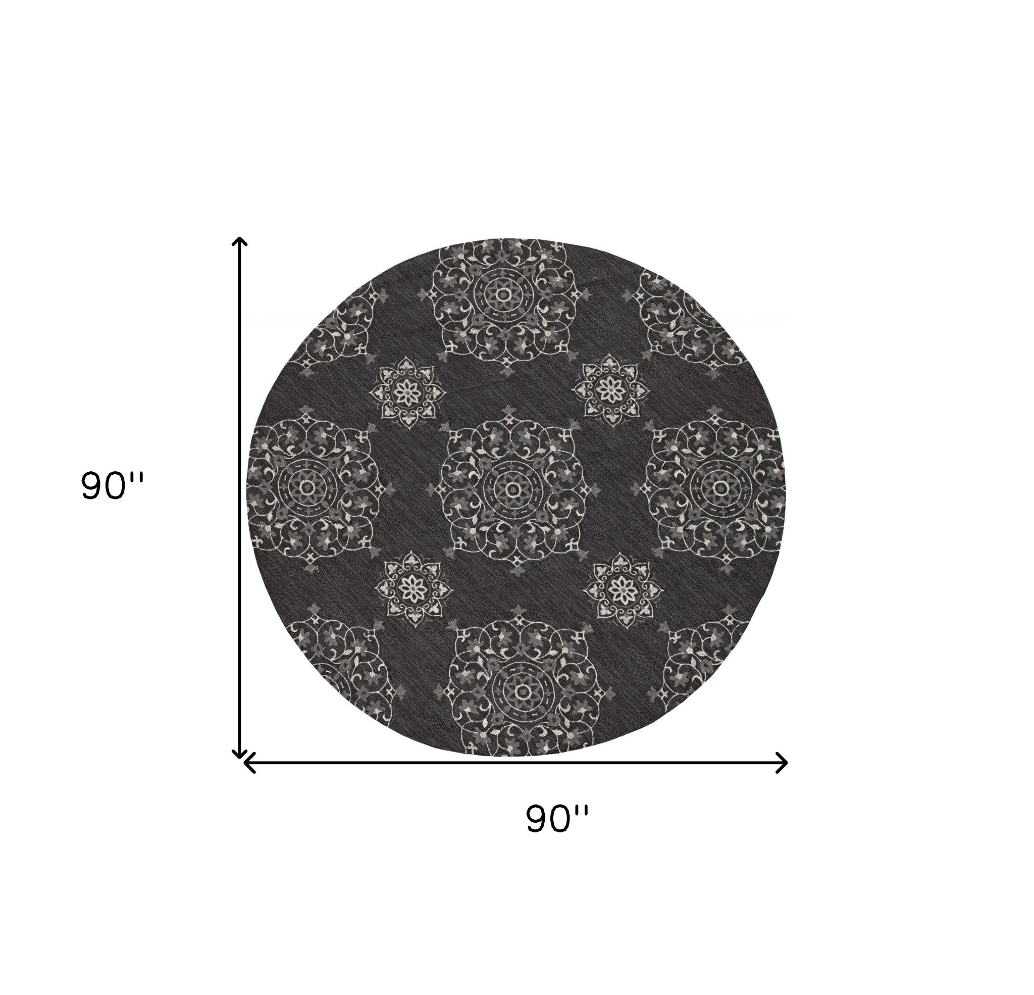 5' X 8' Charcoal Round Floral Indoor Outdoor Area Rug-Outdoor Rugs-DECOROLALA