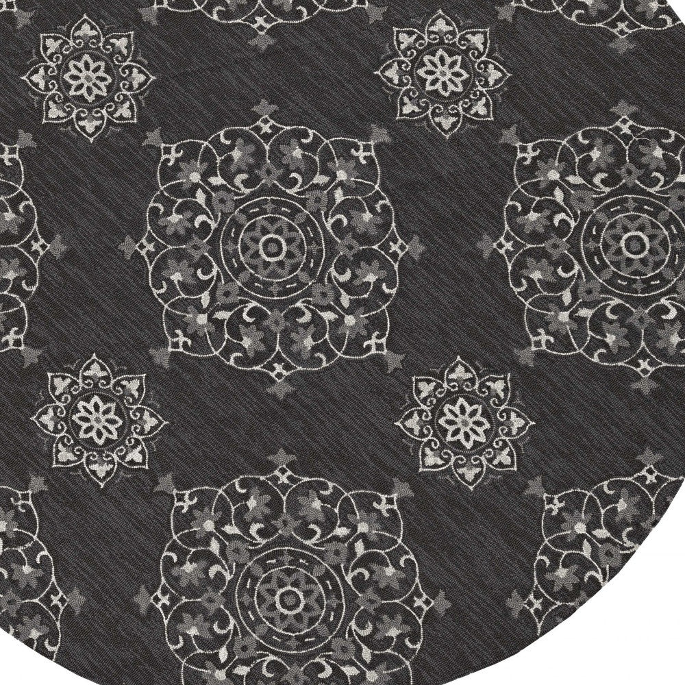 5' X 8' Charcoal Round Floral Indoor Outdoor Area Rug-Outdoor Rugs-DECOROLALA