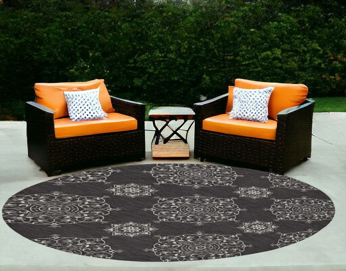 5' X 8' Charcoal Round Floral Indoor Outdoor Area Rug-Outdoor Rugs-DECOROLALA