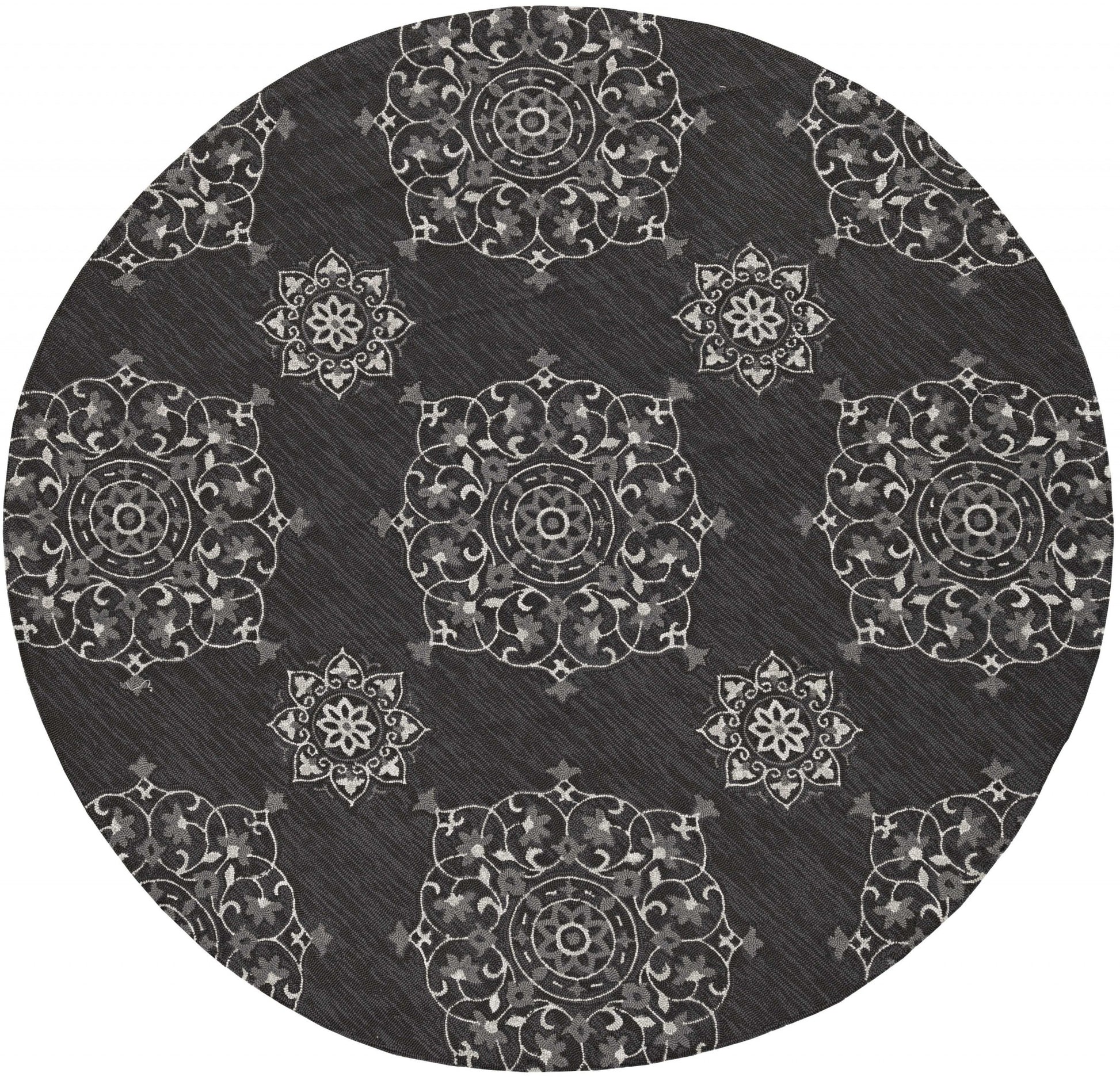 5' X 8' Charcoal Round Floral Indoor Outdoor Area Rug-Outdoor Rugs-DECOROLALA