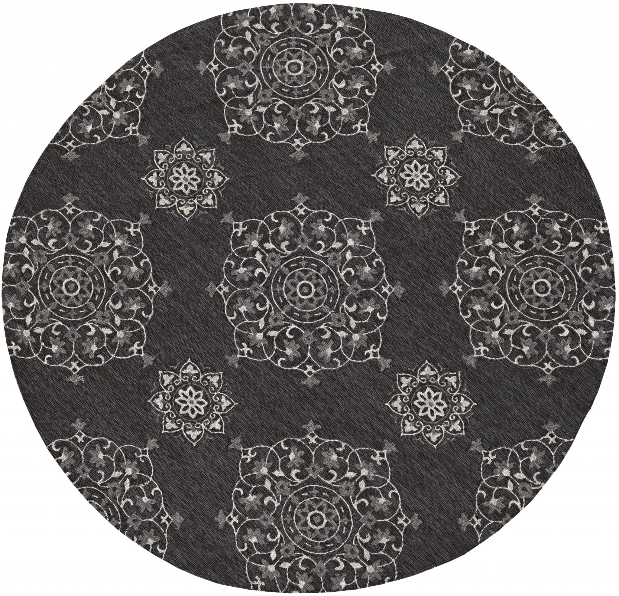 5' X 8' Charcoal Round Floral Indoor Outdoor Area Rug-Outdoor Rugs-DECOROLALA