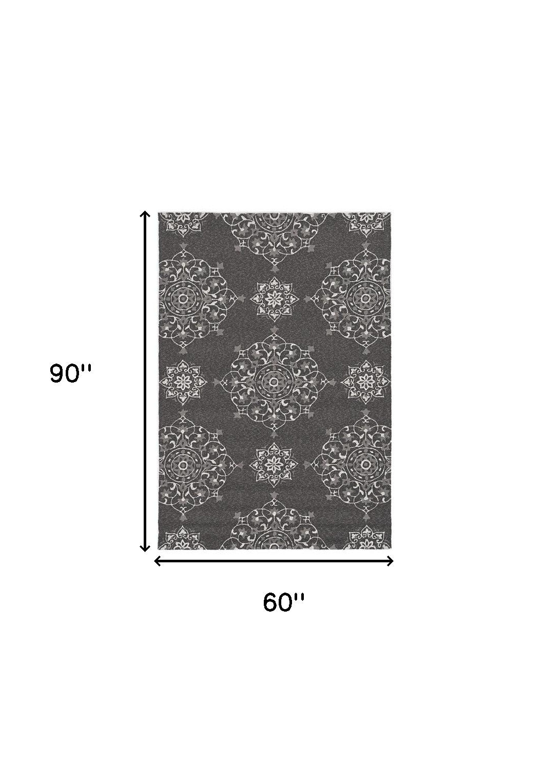 5' X 8' Charcoal Round Floral Indoor Outdoor Area Rug-Outdoor Rugs-DECOROLALA