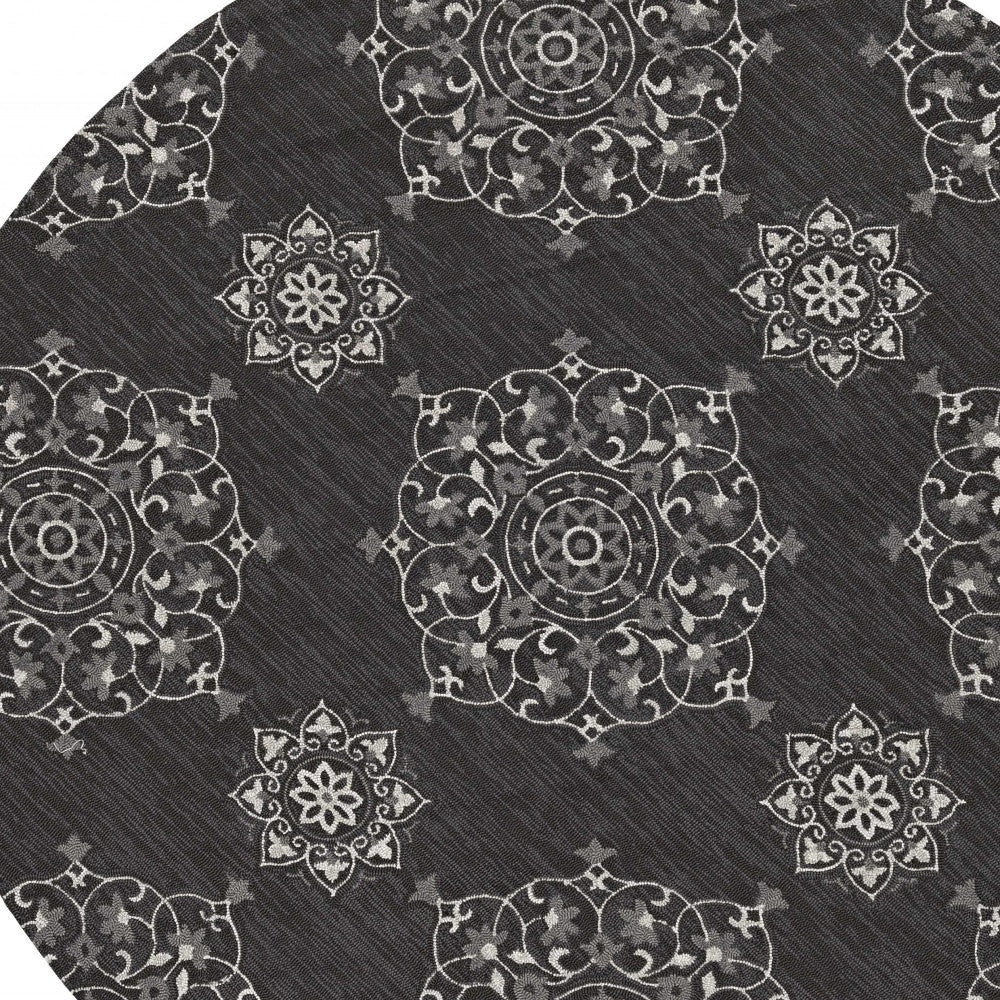 5' X 8' Charcoal Round Floral Indoor Outdoor Area Rug-Outdoor Rugs-DECOROLALA