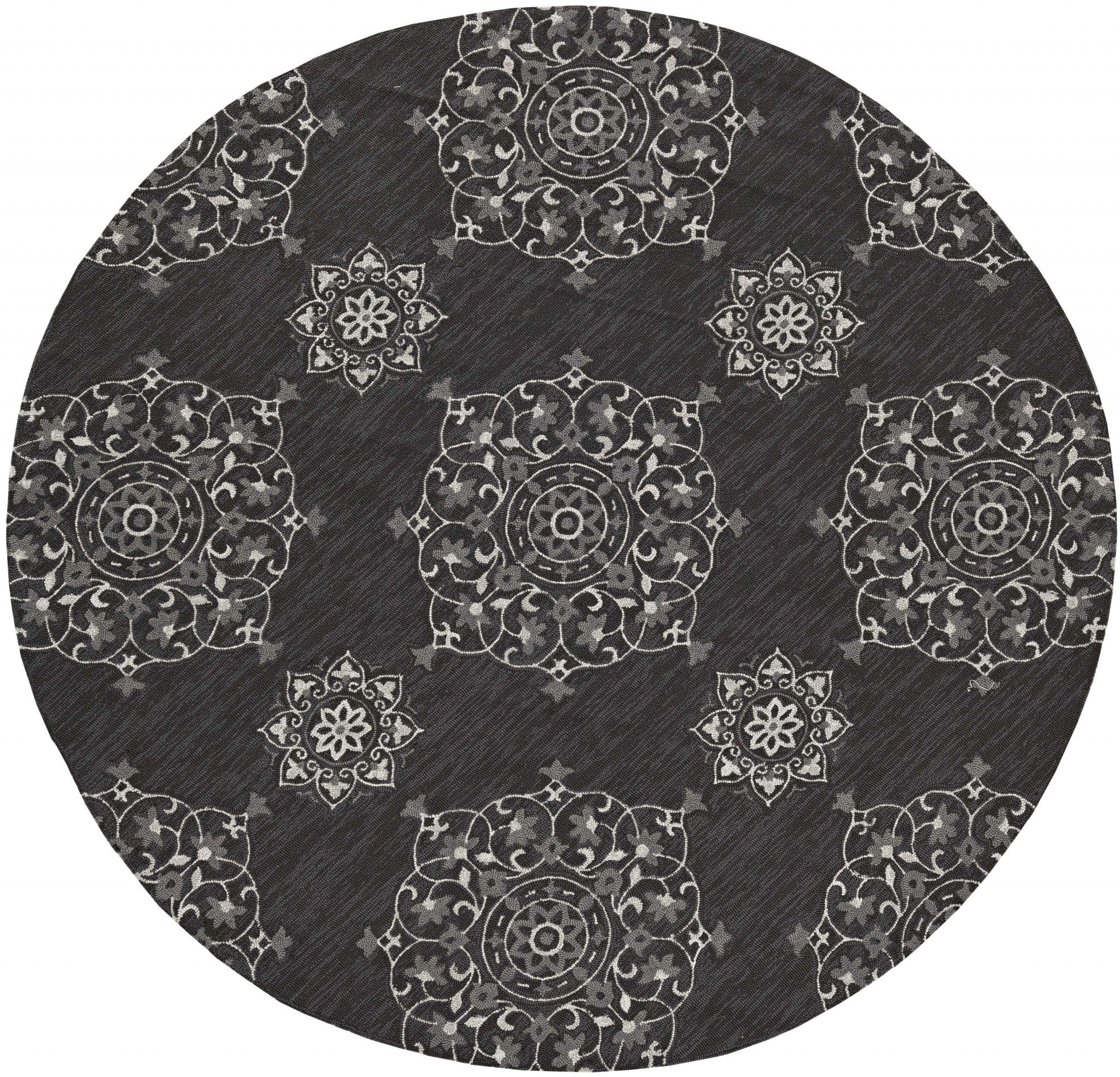 5' X 8' Charcoal Round Floral Indoor Outdoor Area Rug-Outdoor Rugs-DECOROLALA