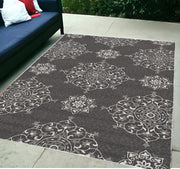 5' X 8' Charcoal Round Floral Indoor Outdoor Area Rug-Outdoor Rugs-DECOROLALA