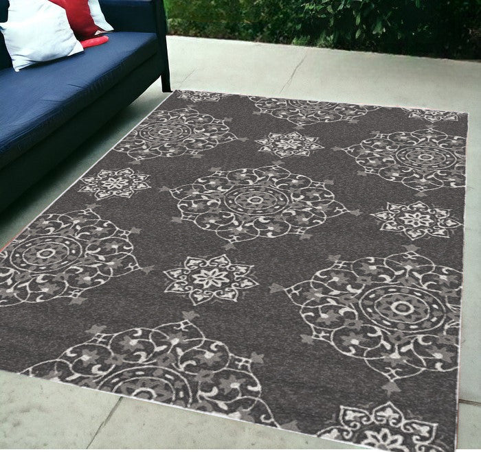 5' X 8' Charcoal Round Floral Indoor Outdoor Area Rug-Outdoor Rugs-DECOROLALA
