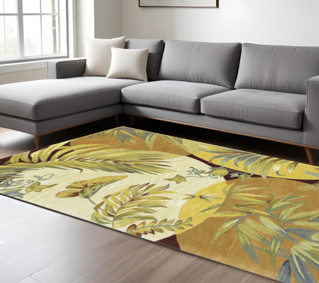 5' X 8' Coral Green And Ivory Wool Tropical Botanical Hand Tufted Area Rug-Area Rugs-DECOROLALA