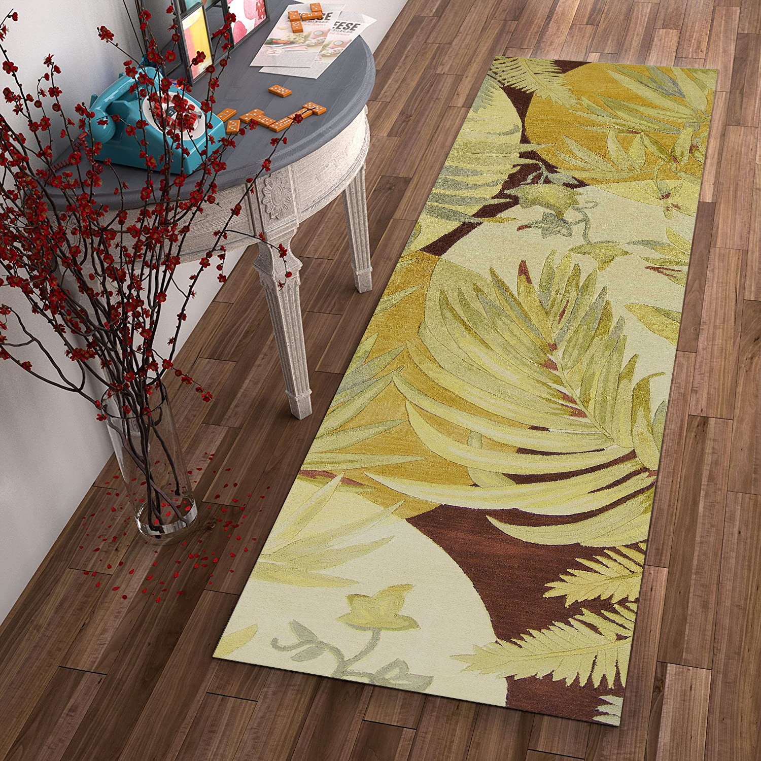 5' X 8' Coral Green And Ivory Wool Tropical Botanical Hand Tufted Area Rug-Area Rugs-DECOROLALA