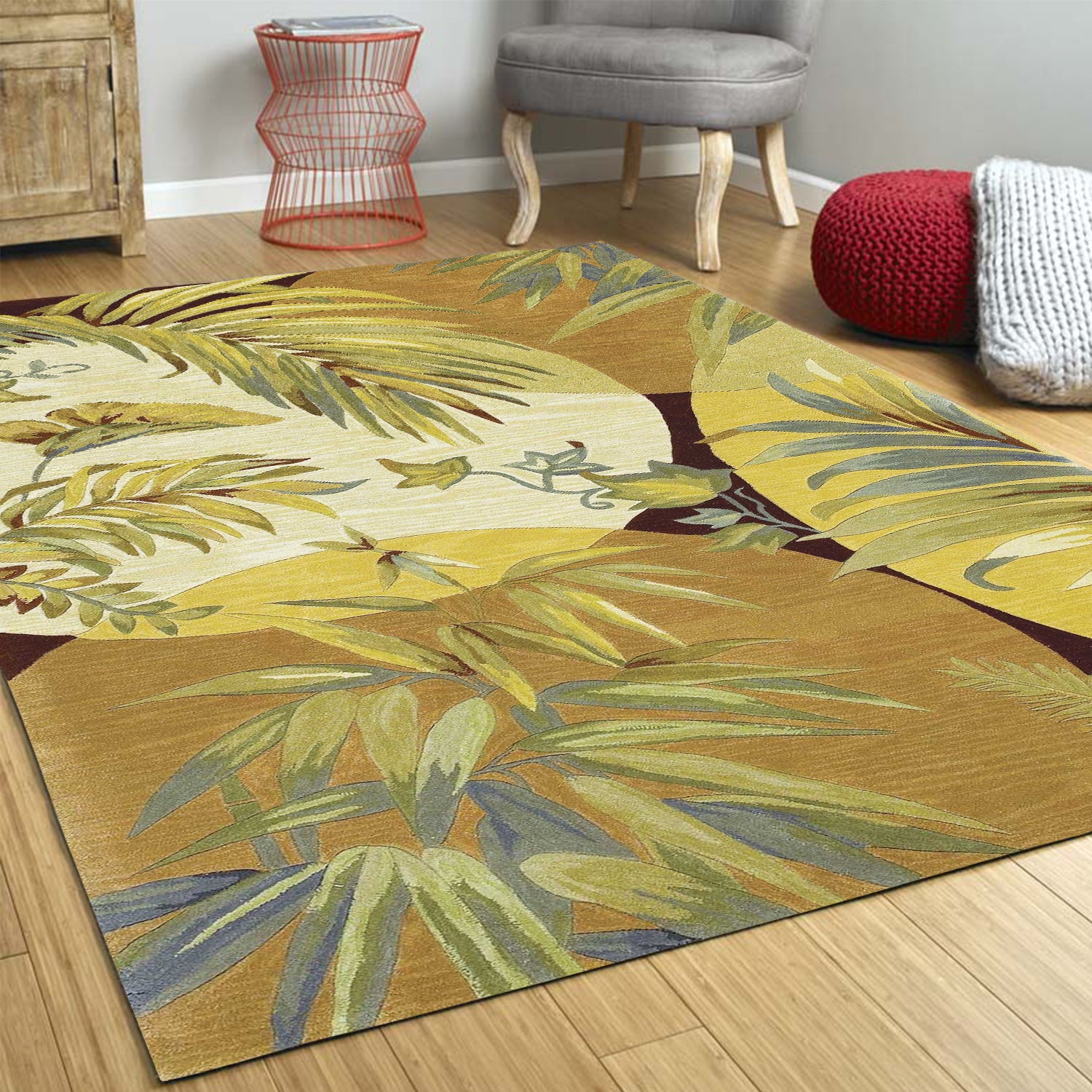 5' X 8' Coral Green And Ivory Wool Tropical Botanical Hand Tufted Area Rug-Area Rugs-DECOROLALA