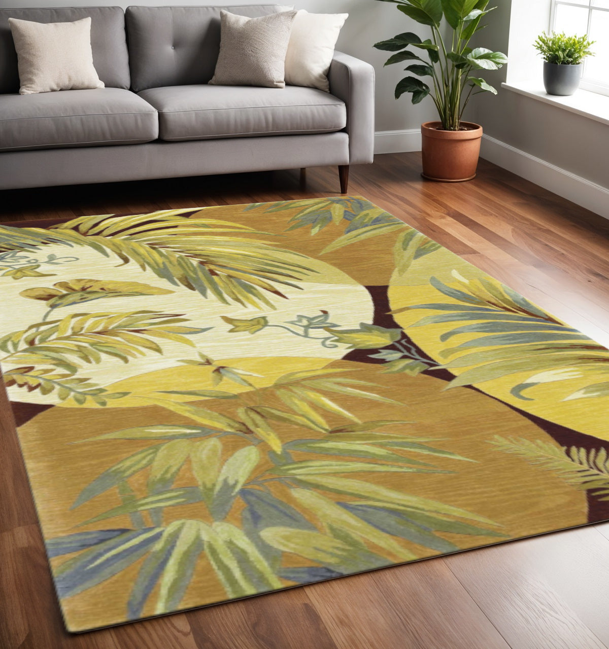 5' X 8' Coral Green And Ivory Wool Tropical Botanical Hand Tufted Area Rug-Area Rugs-DECOROLALA