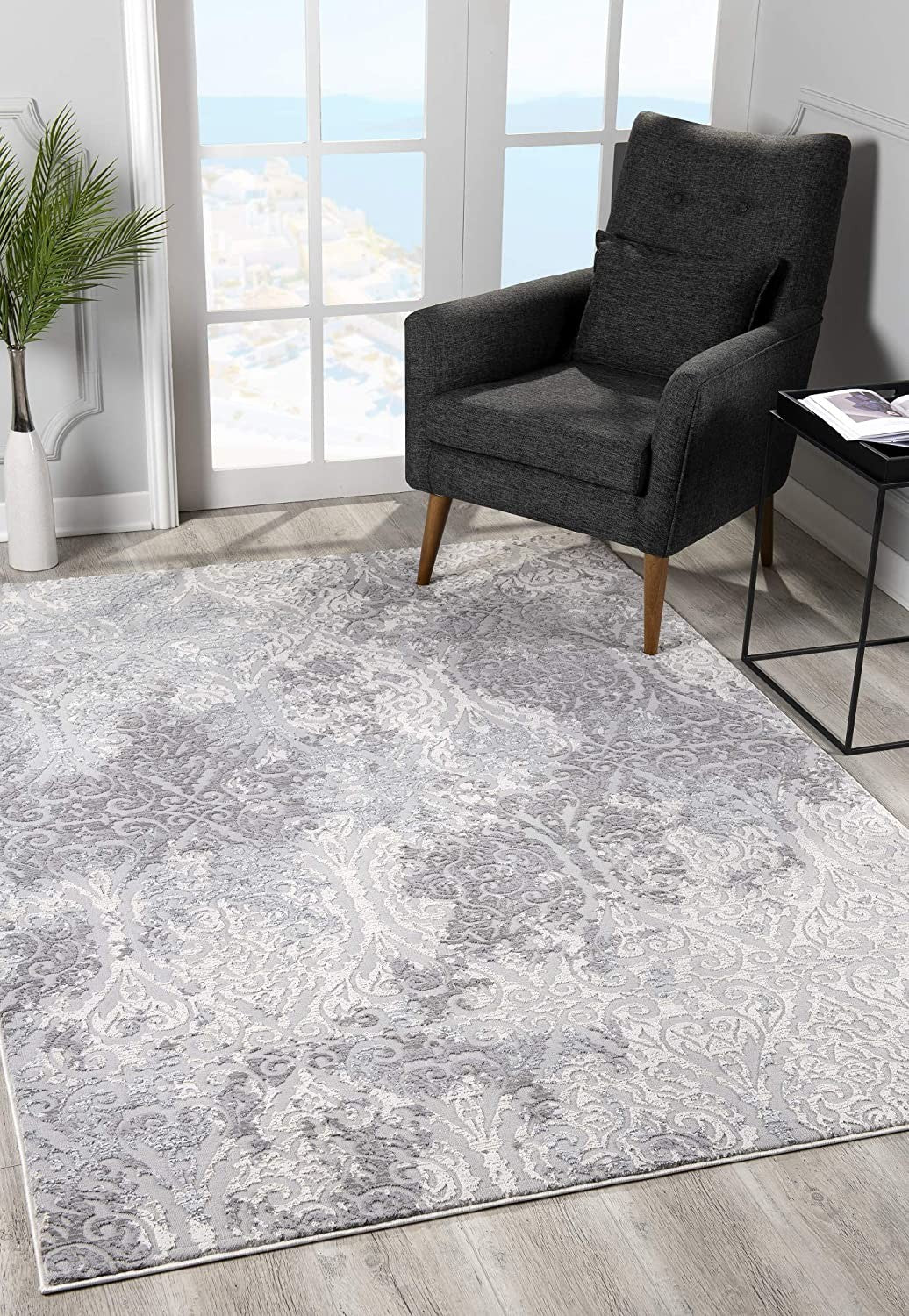 5' X 8' Cream And Gray Tinted Ogee Pattern Area Rug-Area Rugs-DECOROLALA
