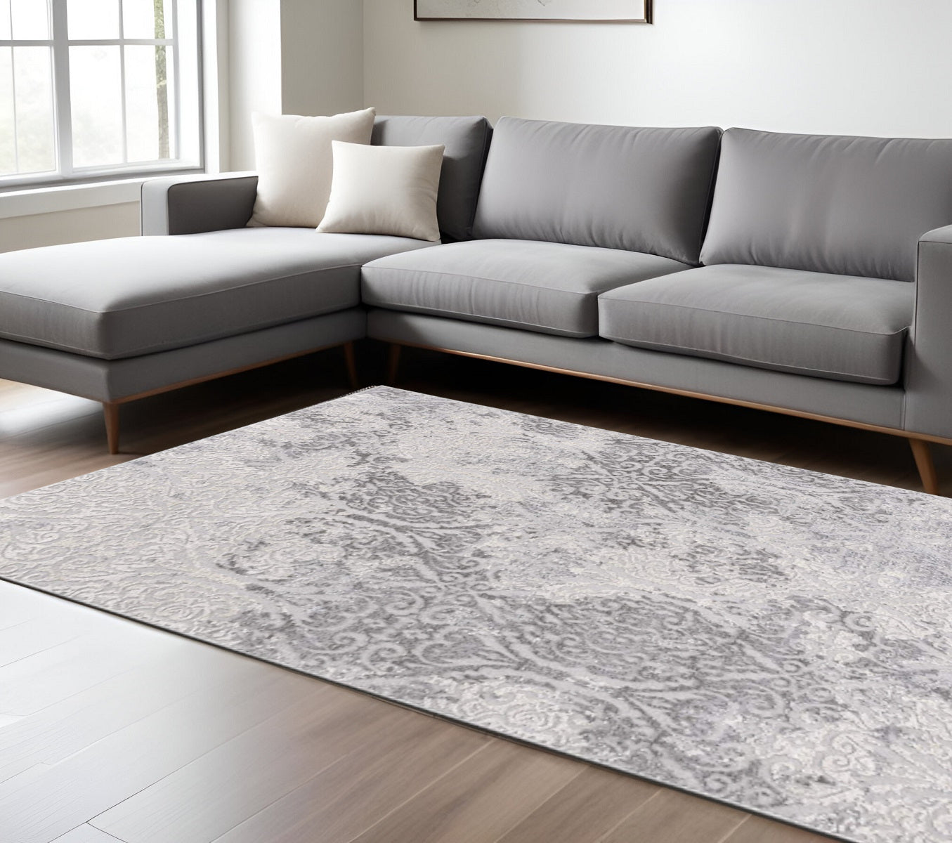 5' X 8' Cream And Gray Tinted Ogee Pattern Area Rug-Area Rugs-DECOROLALA