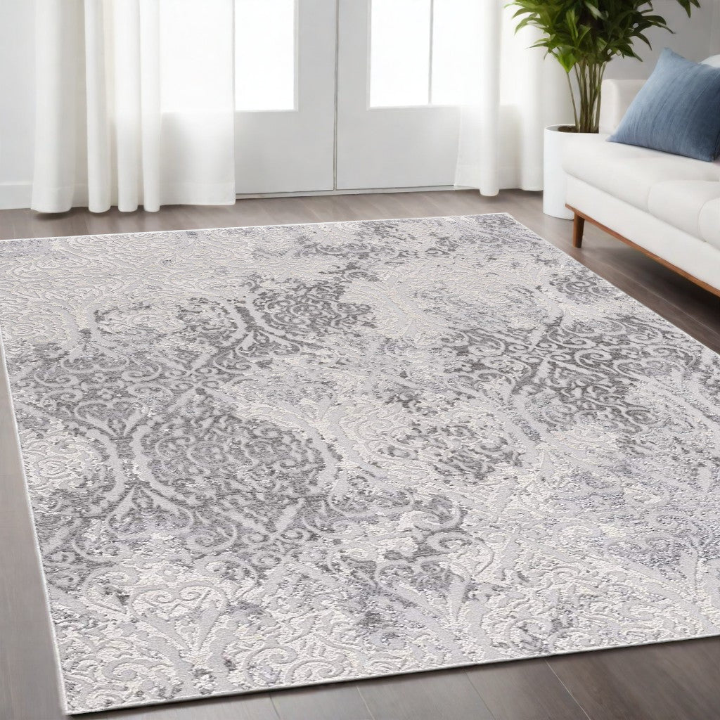 5' X 8' Cream And Gray Tinted Ogee Pattern Area Rug-Area Rugs-DECOROLALA