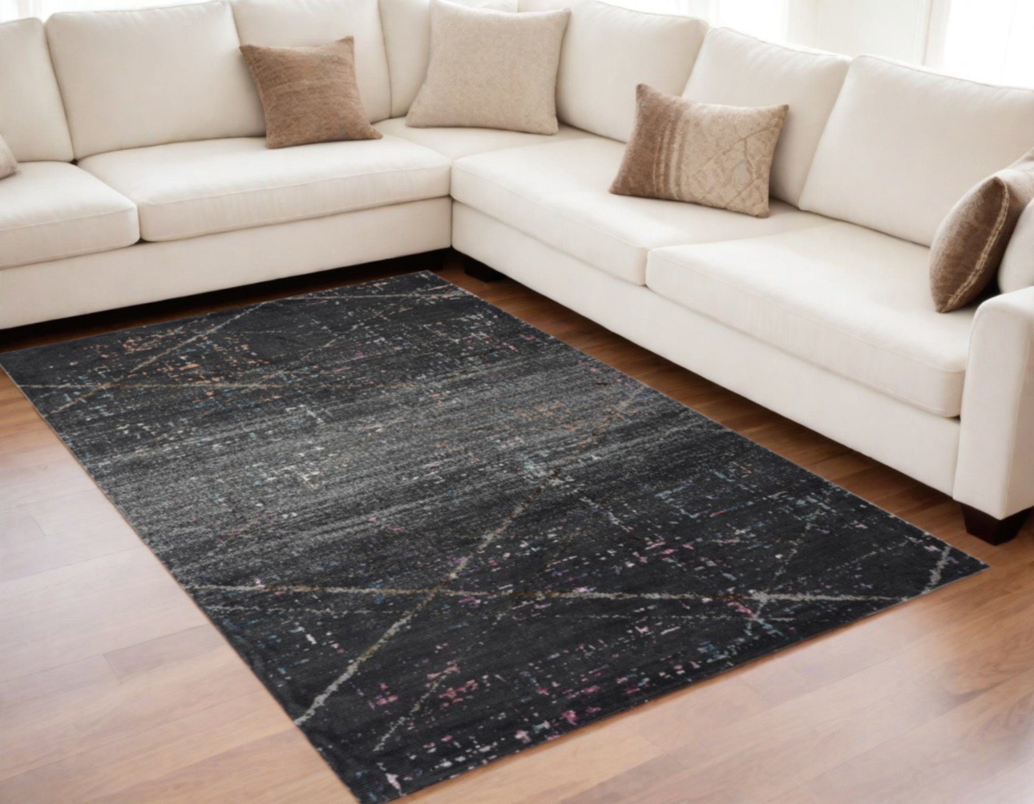 5' X 8' Distressed Black Abstract Area Rug-Area Rugs-DECOROLALA