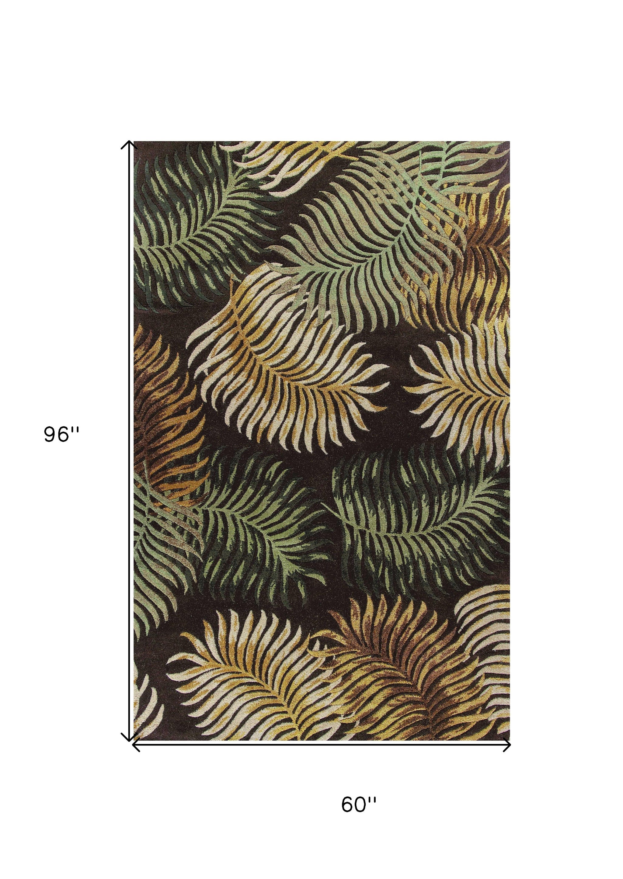 5' X 8' Espresso Beige And Green Wool Botanical Leaves Hand Tufted Area Rug-Area Rugs-DECOROLALA