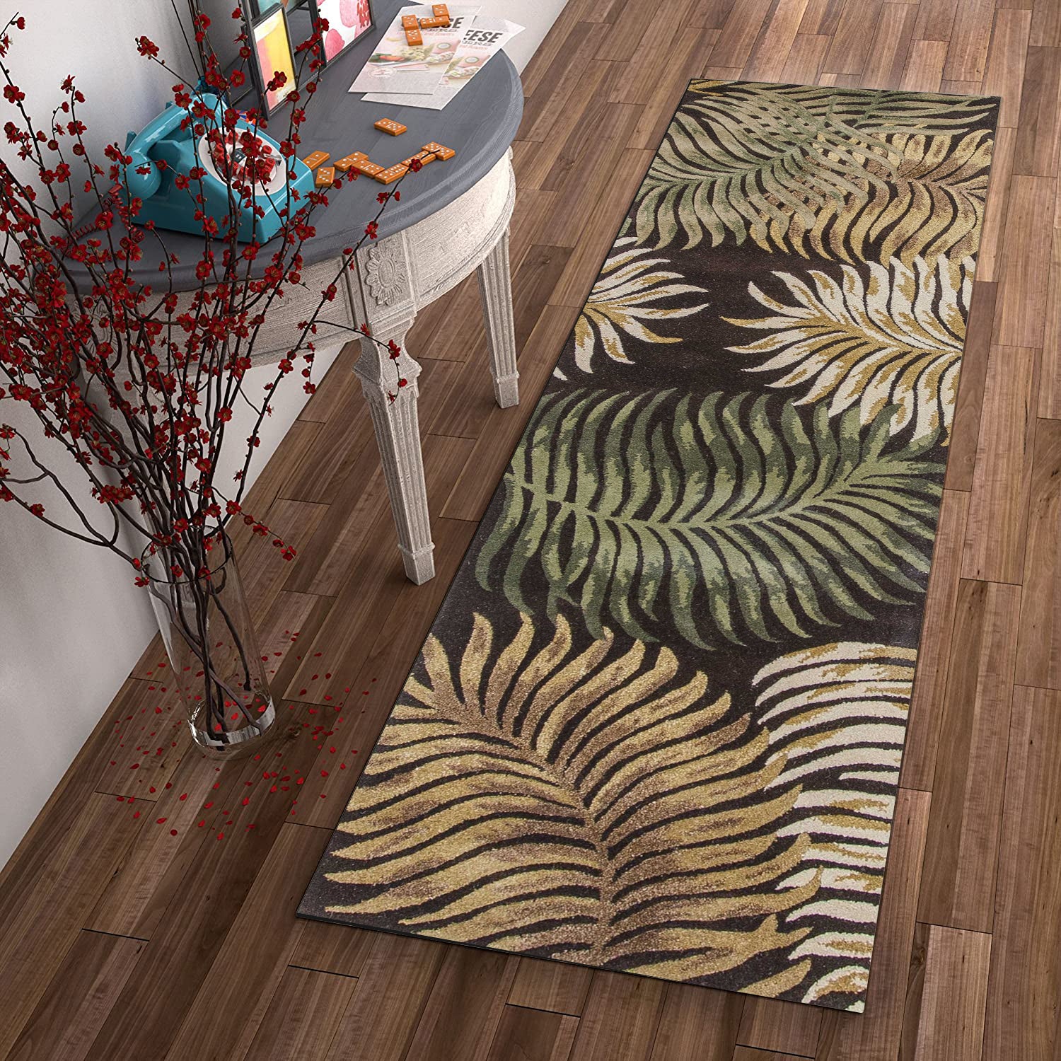 5' X 8' Espresso Beige And Green Wool Botanical Leaves Hand Tufted Area Rug-Area Rugs-DECOROLALA
