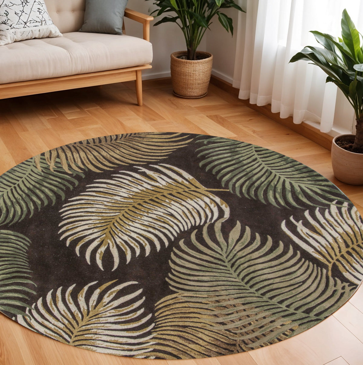 5' X 8' Espresso Beige And Green Wool Botanical Leaves Hand Tufted Area Rug-Area Rugs-DECOROLALA