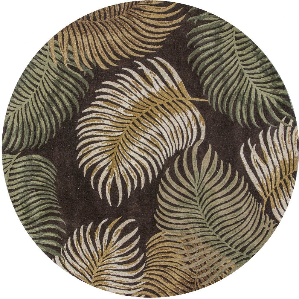5' X 8' Espresso Beige And Green Wool Botanical Leaves Hand Tufted Area Rug-Area Rugs-DECOROLALA