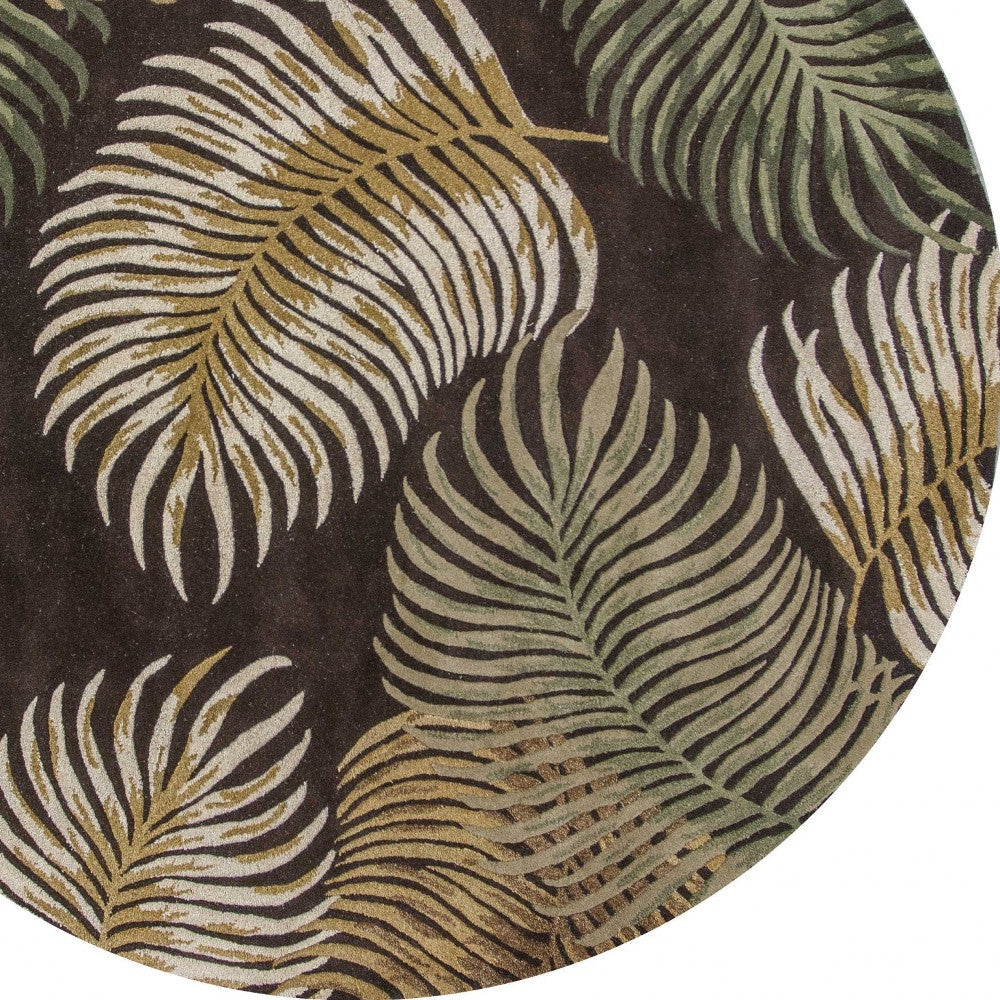 5' X 8' Espresso Beige And Green Wool Botanical Leaves Hand Tufted Area Rug-Area Rugs-DECOROLALA