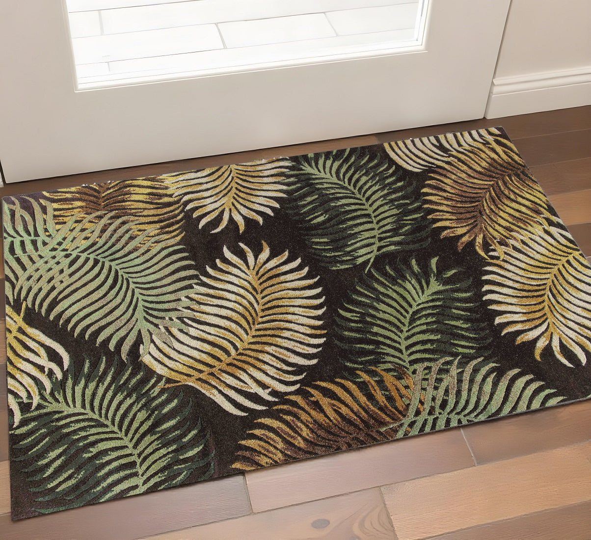 5' X 8' Espresso Beige And Green Wool Botanical Leaves Hand Tufted Area Rug-Area Rugs-DECOROLALA