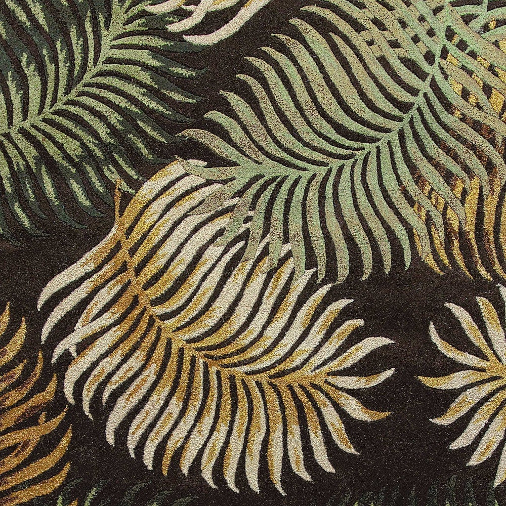 5' X 8' Espresso Beige And Green Wool Botanical Leaves Hand Tufted Area Rug-Area Rugs-DECOROLALA