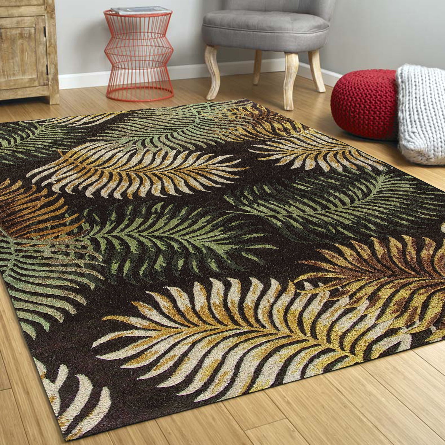 5' X 8' Espresso Beige And Green Wool Botanical Leaves Hand Tufted Area Rug-Area Rugs-DECOROLALA