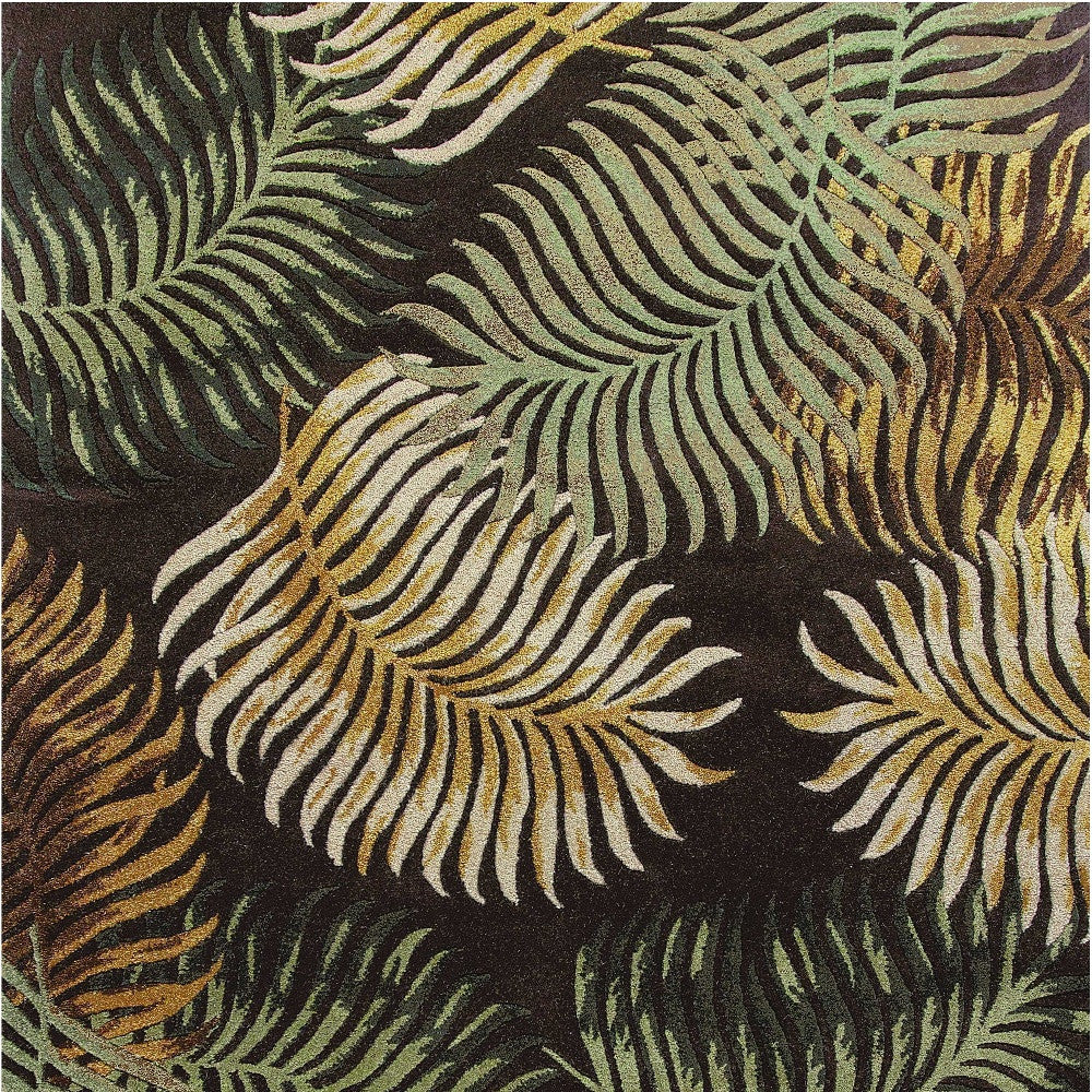 5' X 8' Espresso Beige And Green Wool Botanical Leaves Hand Tufted Area Rug-Area Rugs-DECOROLALA