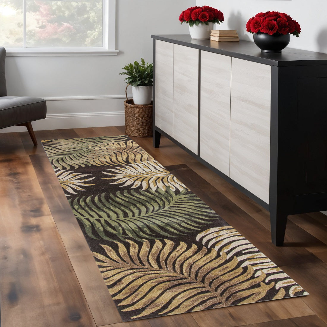 5' X 8' Espresso Beige And Green Wool Botanical Leaves Hand Tufted Area Rug-Area Rugs-DECOROLALA