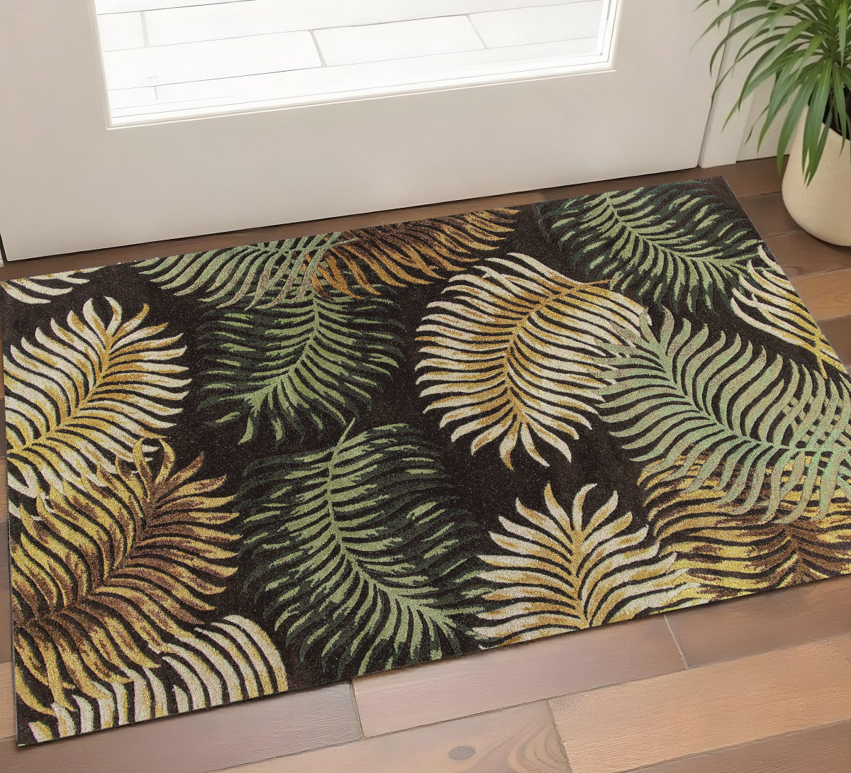 5' X 8' Espresso Beige And Green Wool Botanical Leaves Hand Tufted Area Rug-Area Rugs-DECOROLALA