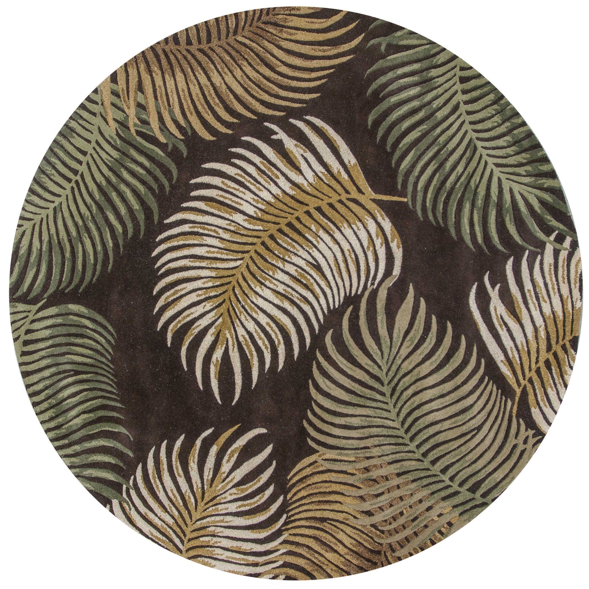5' X 8' Espresso Beige And Green Wool Botanical Leaves Hand Tufted Area Rug-Area Rugs-DECOROLALA
