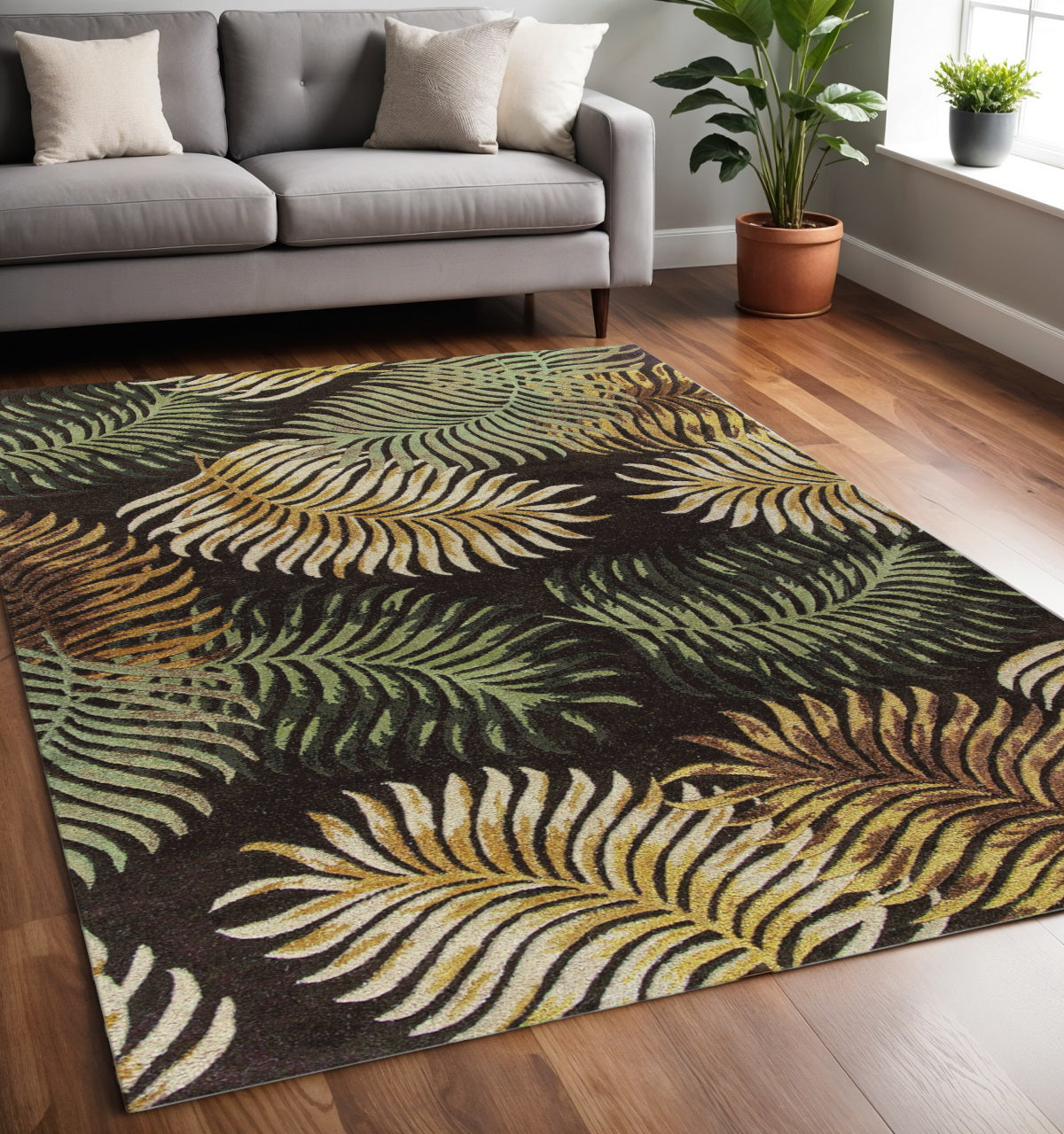 5' X 8' Espresso Beige And Green Wool Botanical Leaves Hand Tufted Area Rug-Area Rugs-DECOROLALA