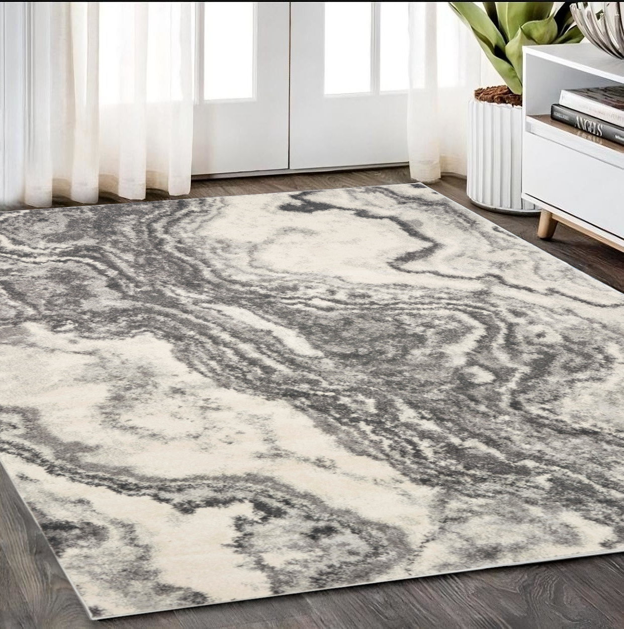 5' X 8' Gray And Ivory Abstract Area Rug-Area Rugs-DECOROLALA