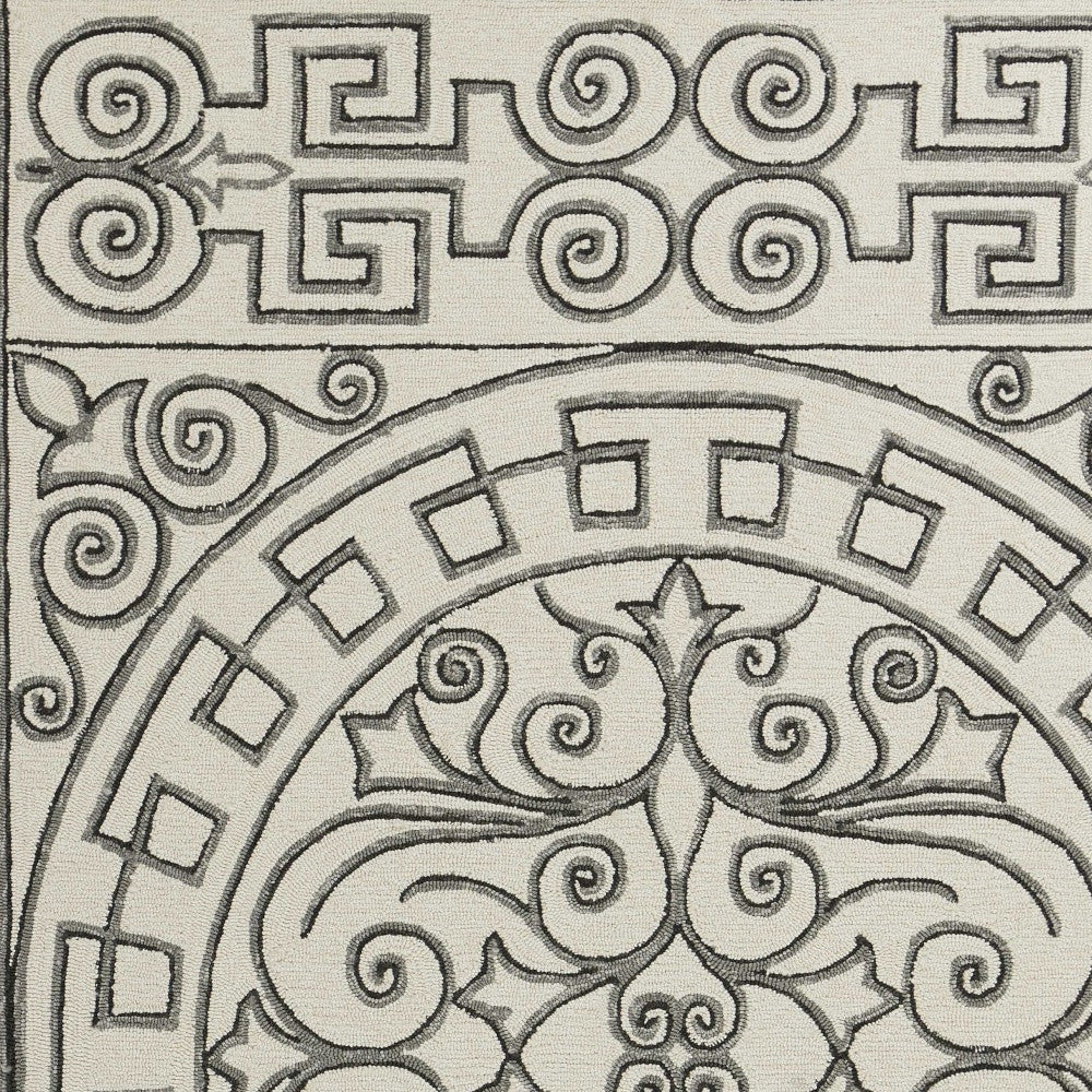 5' X 8' Gray And Ivory Damask Indoor Outdoor Area Rug-Outdoor Rugs-DECOROLALA