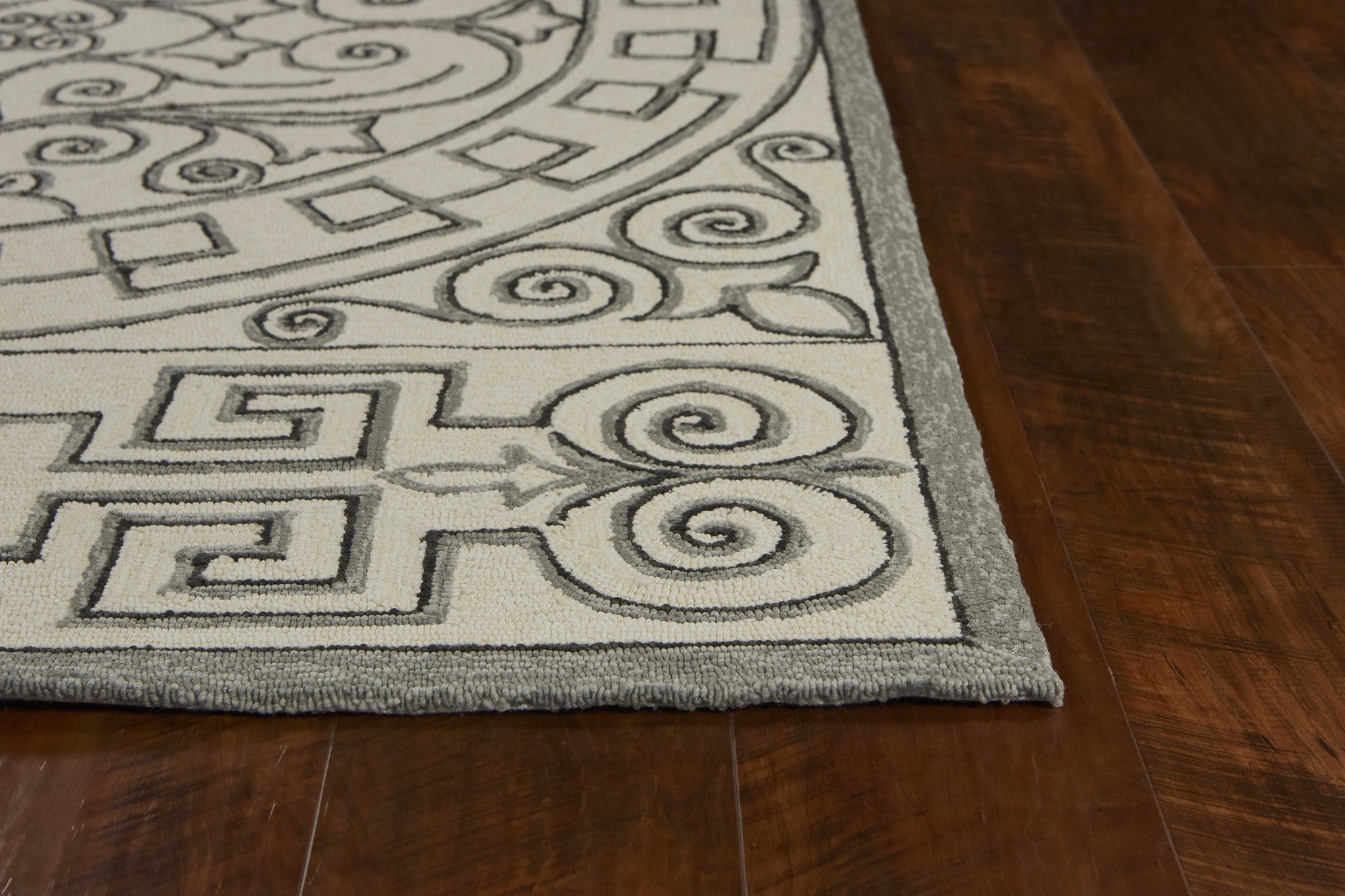 5' X 8' Gray And Ivory Damask Indoor Outdoor Area Rug-Outdoor Rugs-DECOROLALA