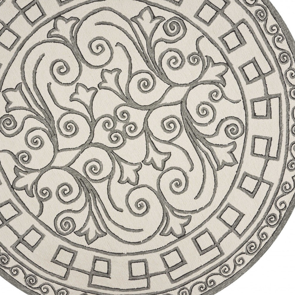 5' X 8' Gray And Ivory Damask Indoor Outdoor Area Rug-Outdoor Rugs-DECOROLALA