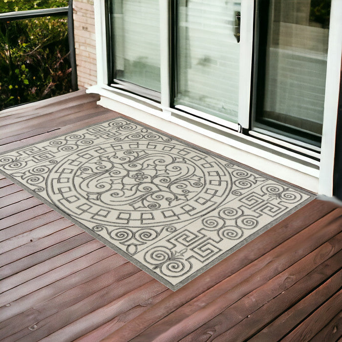 5' X 8' Gray And Ivory Damask Indoor Outdoor Area Rug-Outdoor Rugs-DECOROLALA