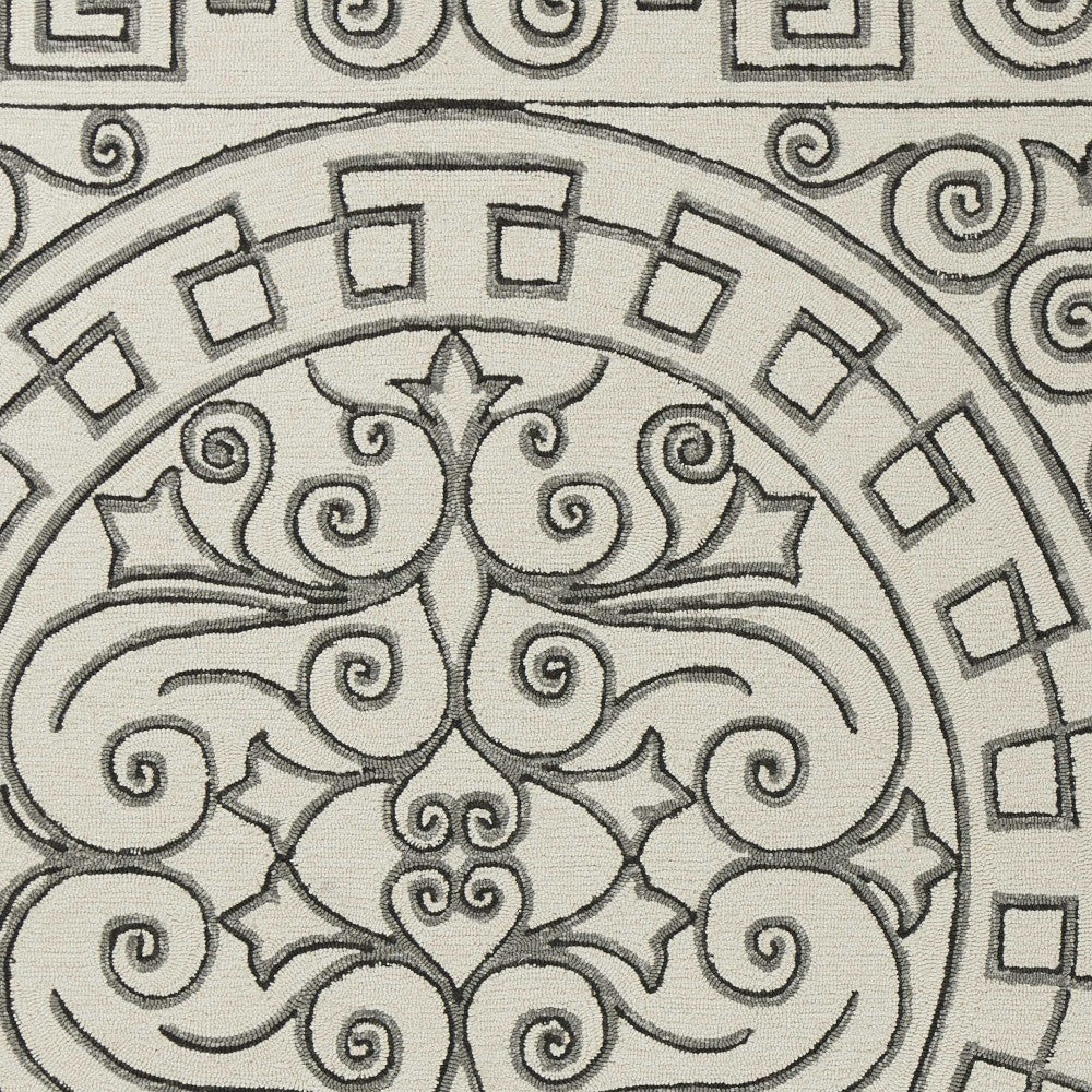 5' X 8' Gray And Ivory Damask Indoor Outdoor Area Rug-Outdoor Rugs-DECOROLALA