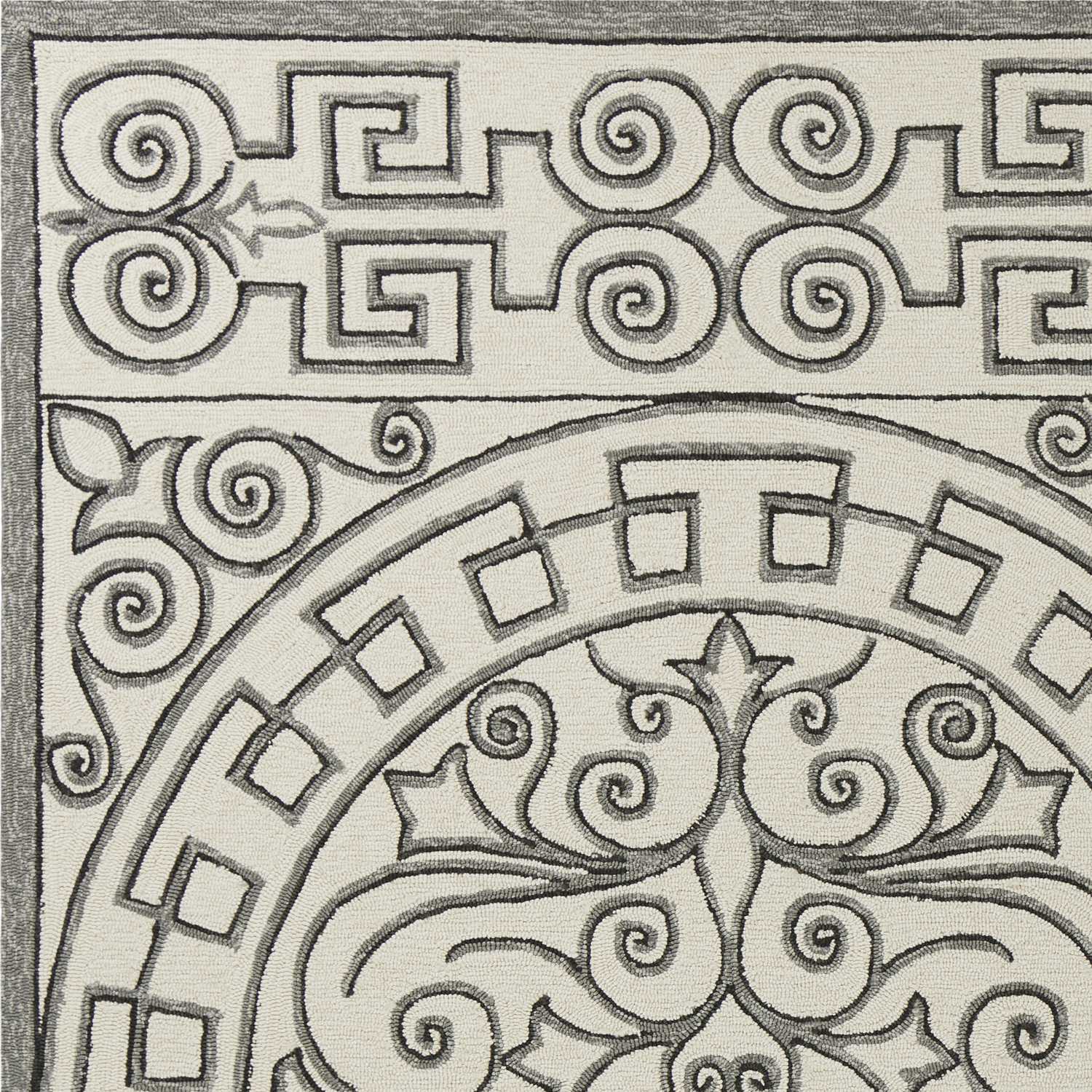 5' X 8' Gray And Ivory Damask Indoor Outdoor Area Rug-Outdoor Rugs-DECOROLALA