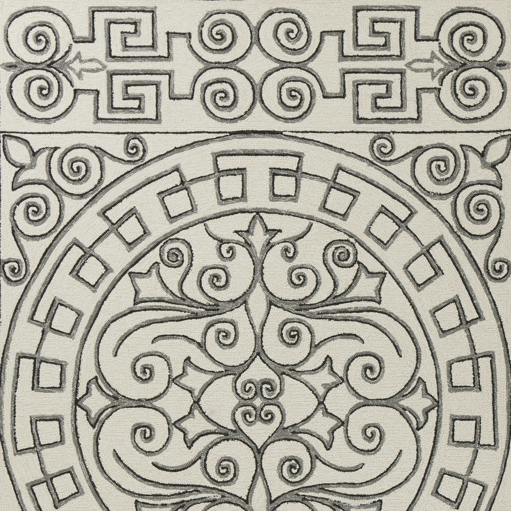 5' X 8' Gray And Ivory Damask Indoor Outdoor Area Rug-Outdoor Rugs-DECOROLALA