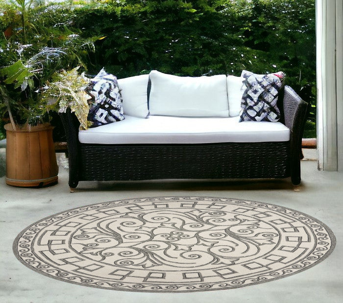 5' X 8' Gray And Ivory Damask Indoor Outdoor Area Rug-Outdoor Rugs-DECOROLALA