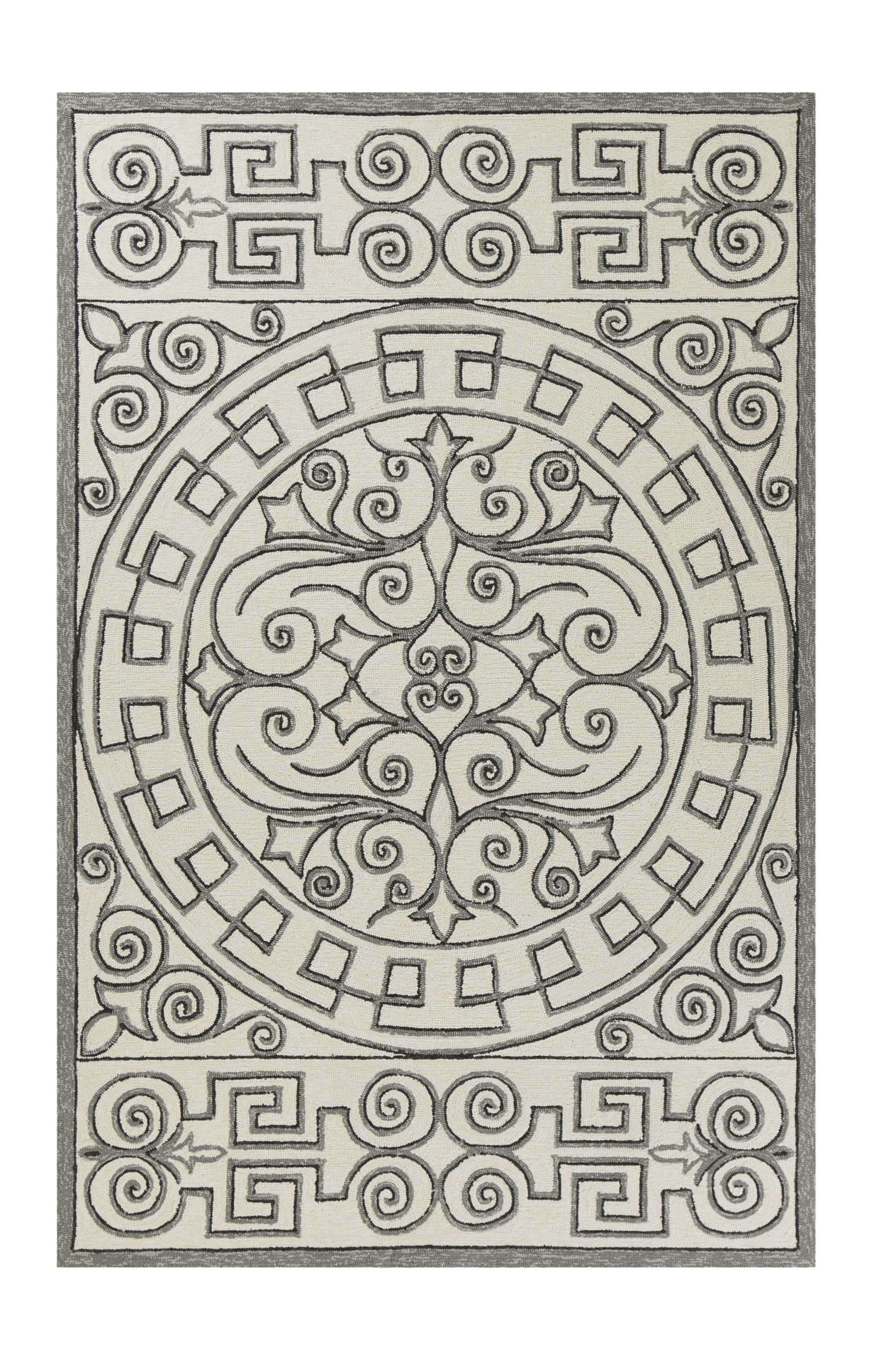 5' X 8' Gray And Ivory Damask Indoor Outdoor Area Rug-Outdoor Rugs-DECOROLALA