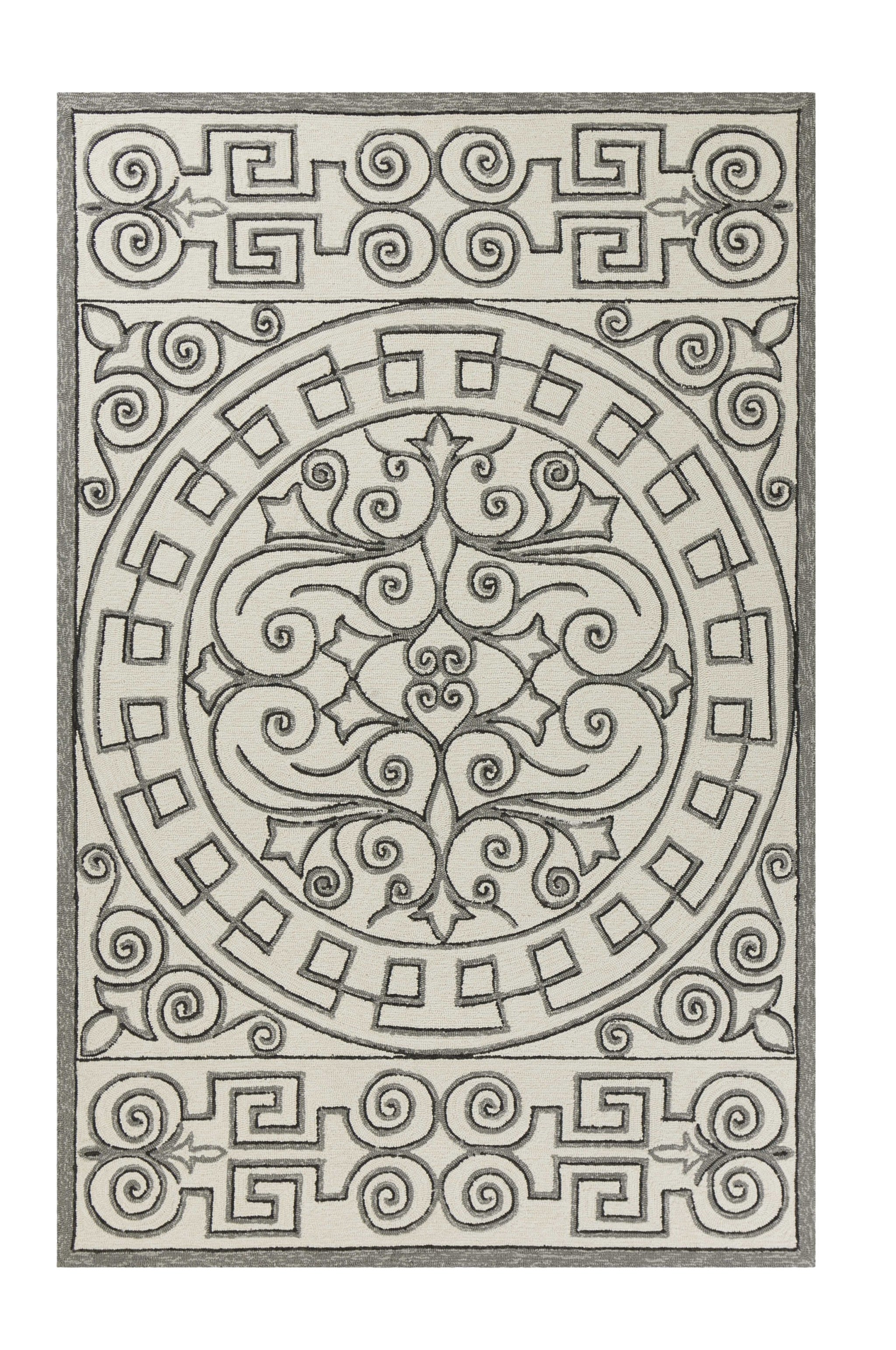 5' X 8' Gray And Ivory Damask Indoor Outdoor Area Rug-Outdoor Rugs-DECOROLALA