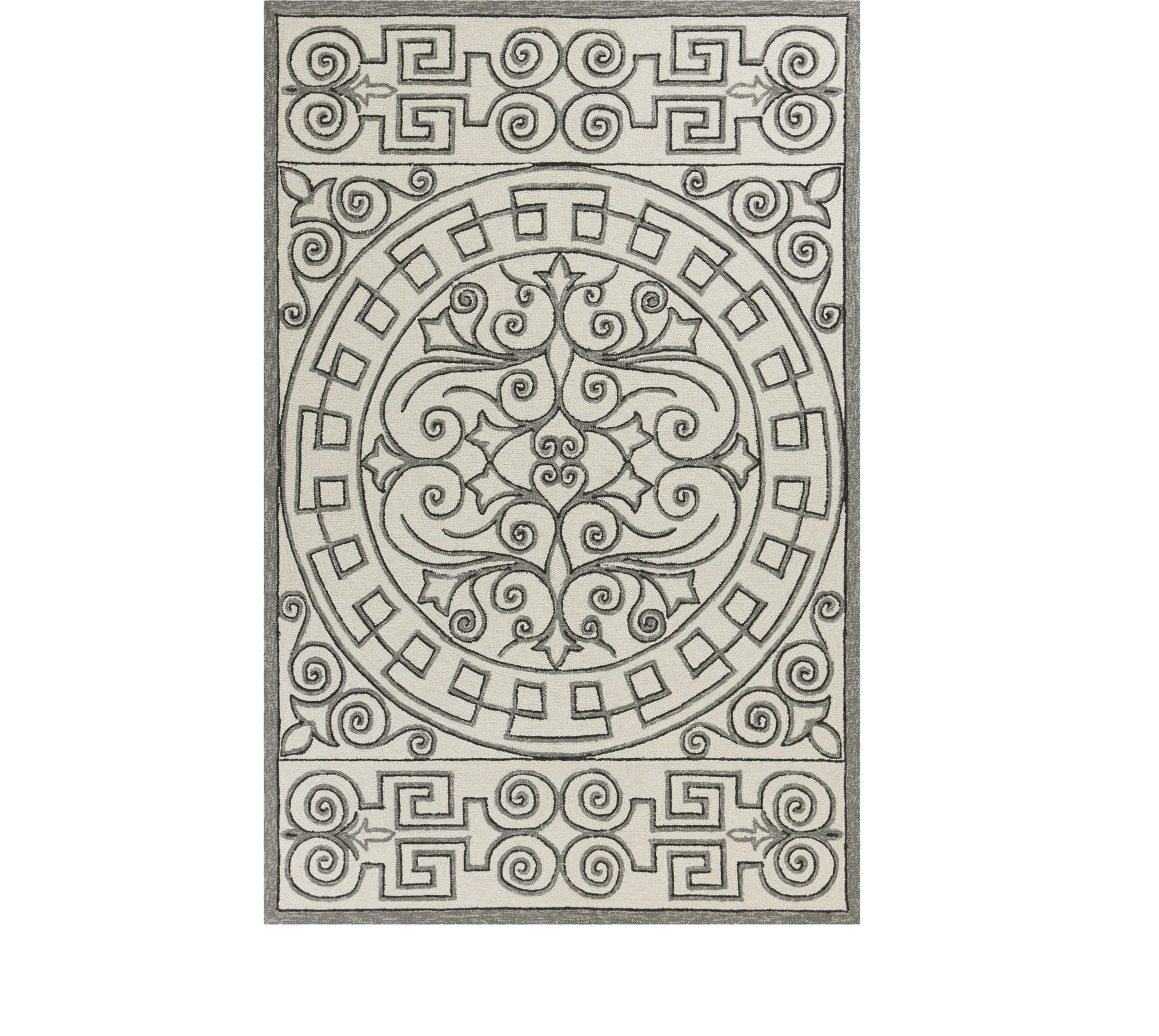 5' X 8' Gray And Ivory Damask Indoor Outdoor Area Rug-Outdoor Rugs-DECOROLALA