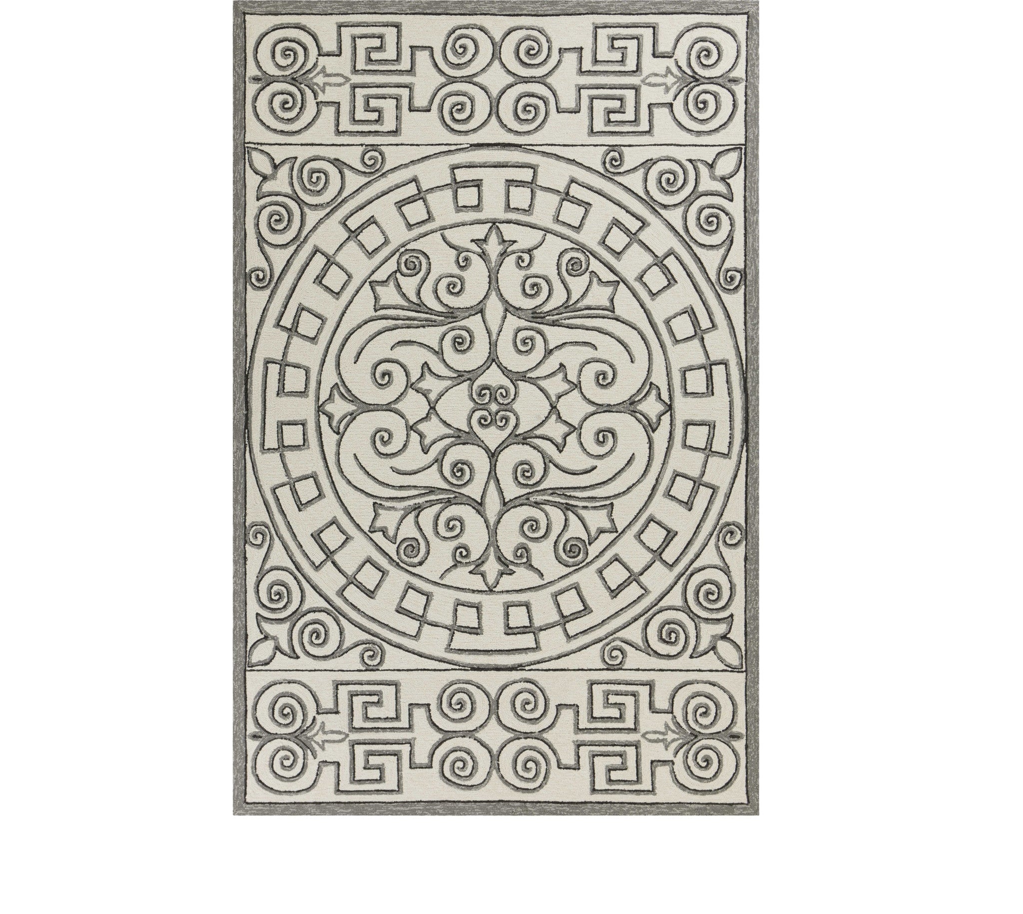 5' X 8' Gray And Ivory Damask Indoor Outdoor Area Rug-Outdoor Rugs-DECOROLALA