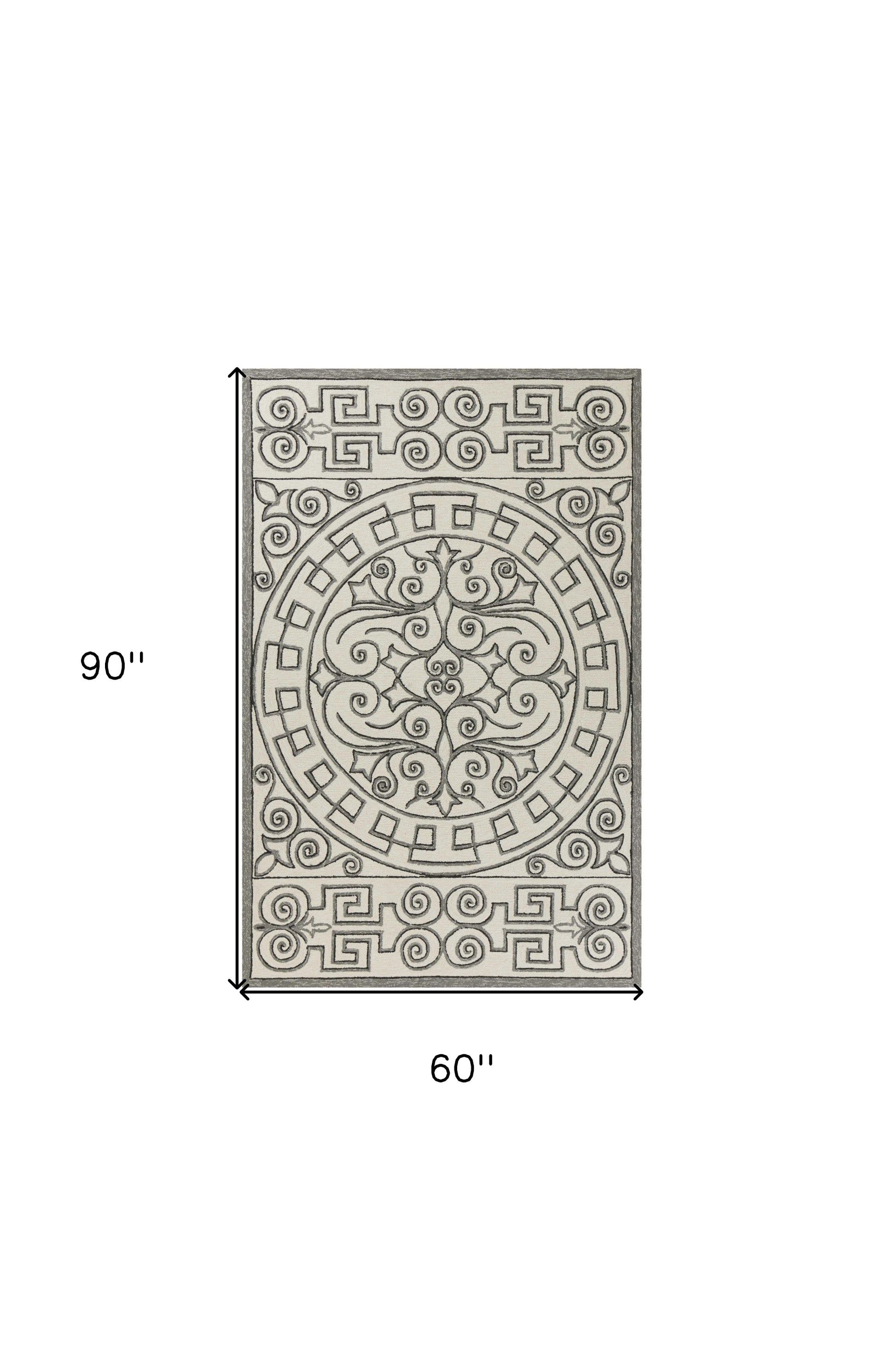 5' X 8' Gray And Ivory Damask Indoor Outdoor Area Rug-Outdoor Rugs-DECOROLALA