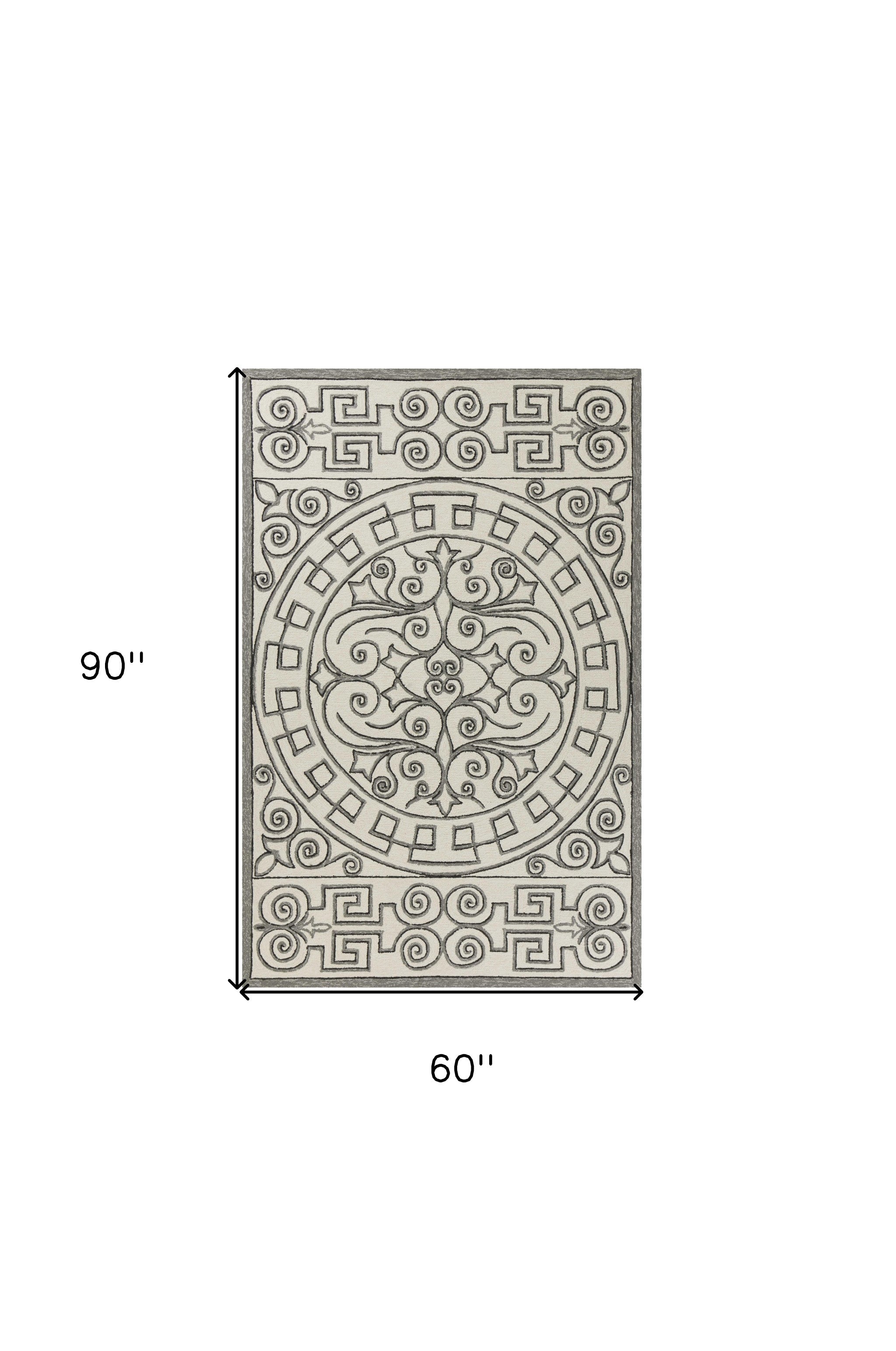 5' X 8' Gray And Ivory Damask Indoor Outdoor Area Rug-Outdoor Rugs-DECOROLALA