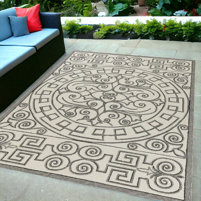 5' X 8' Gray And Ivory Damask Indoor Outdoor Area Rug-Outdoor Rugs-DECOROLALA