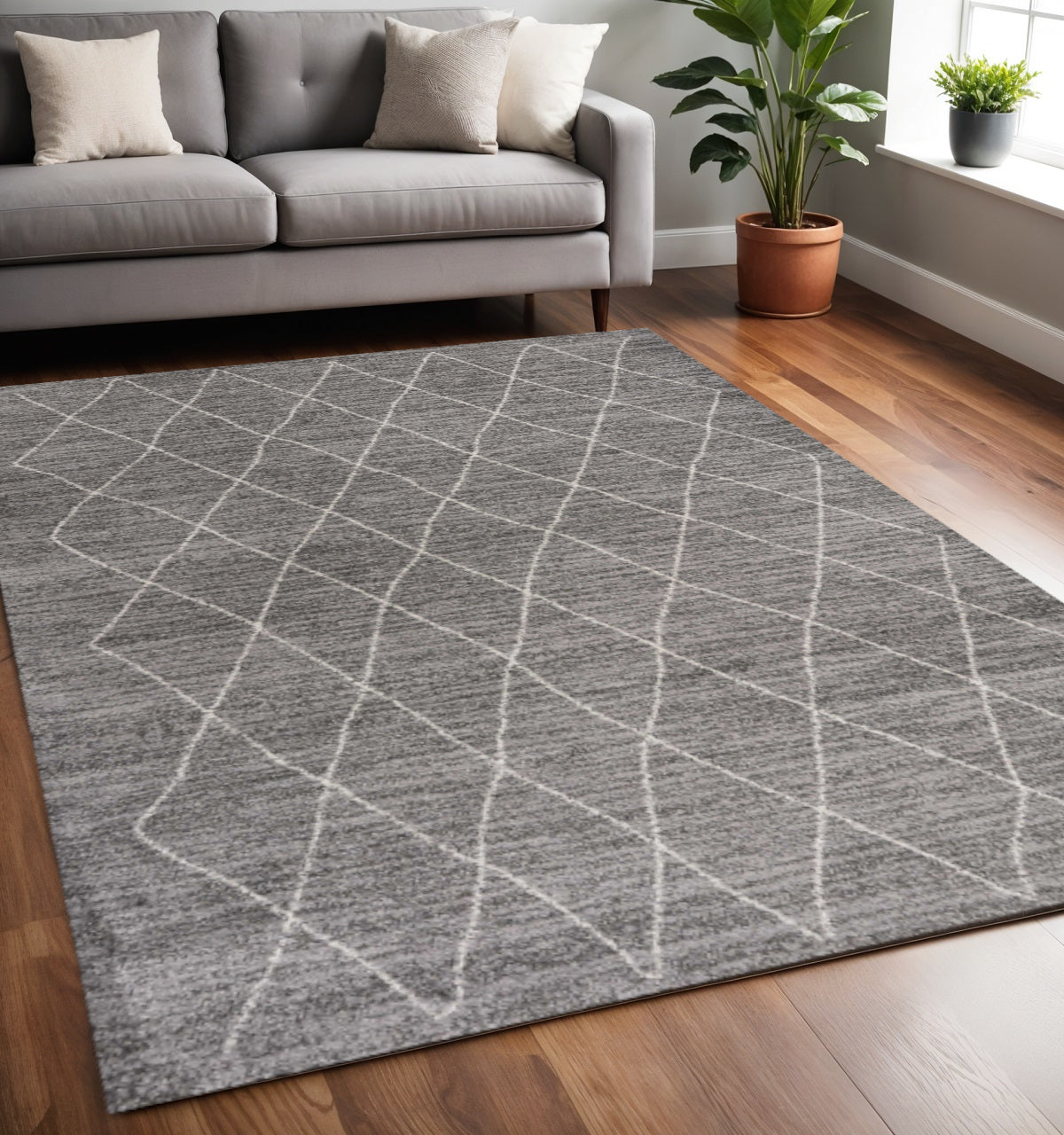 5' X 8' Gray And Ivory Geometric Area Rug-Area Rugs-DECOROLALA