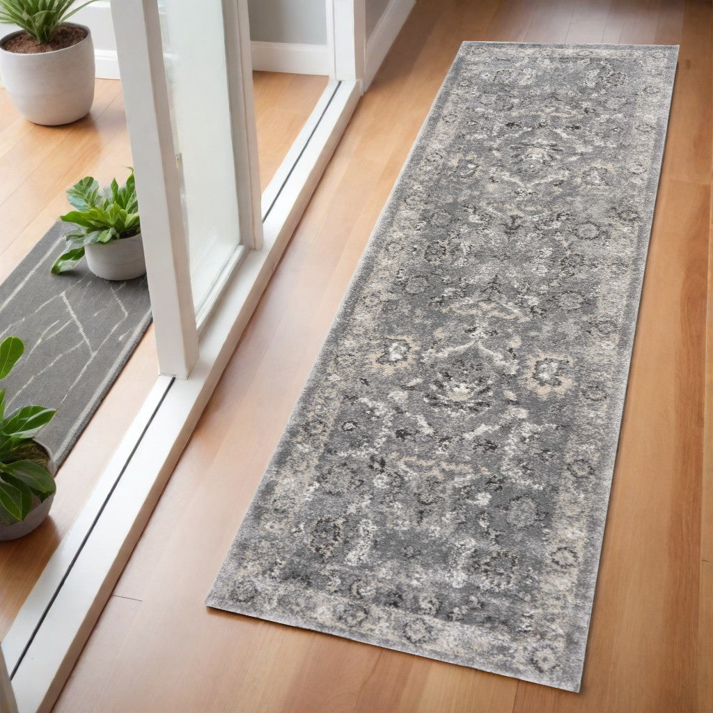 5' X 8' Gray And Light Gray Floral Medallion Area Rug-Area Rugs-DECOROLALA